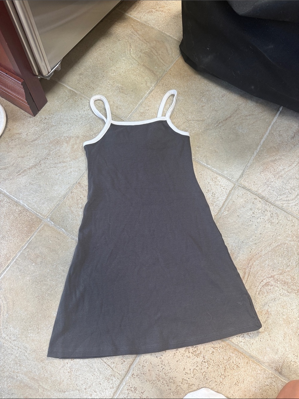 Girls Charcoal Gray Tank Dress with White Trim
